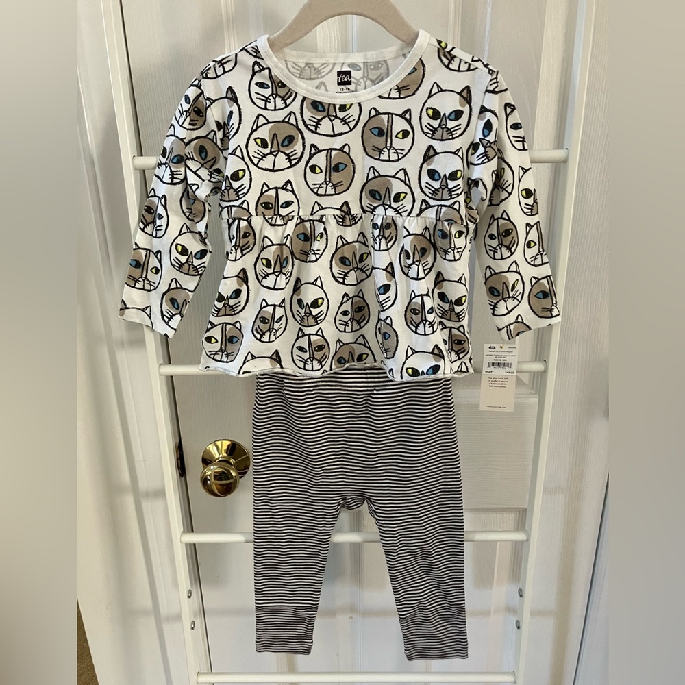 Brand New Tea Collection Baby Peplum Top and Leggings Set Cat Stripes 12-18m